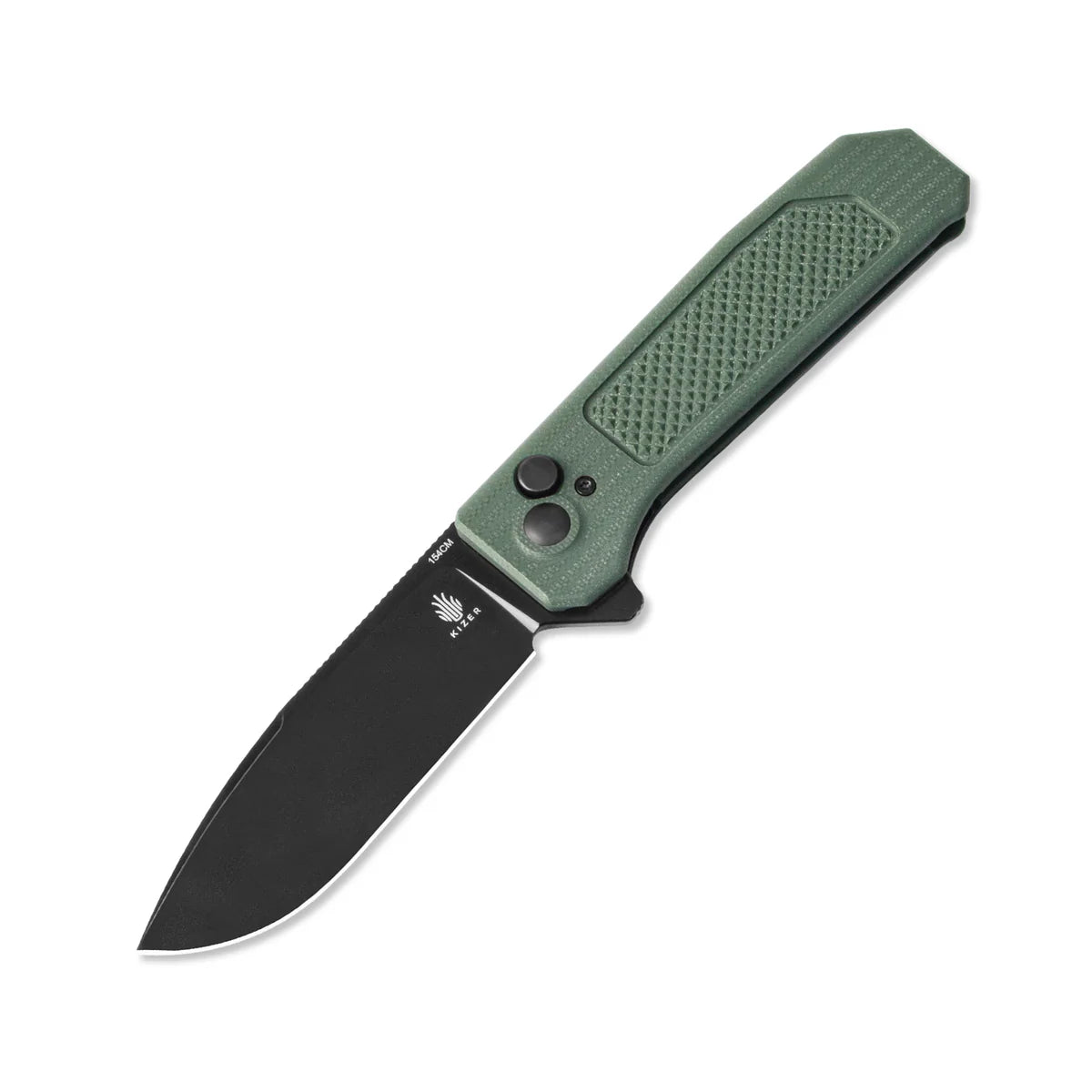KIZER Drop Bear 154cm Blade Integral G10 Green & Button Lock 3.49"