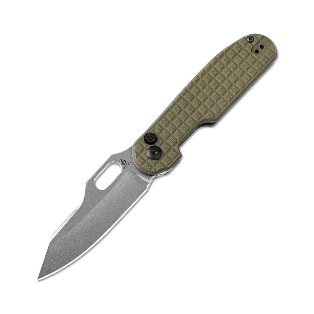 KIZER Cormorant 154cm Blade Green G10 & Button Lock 3.17"