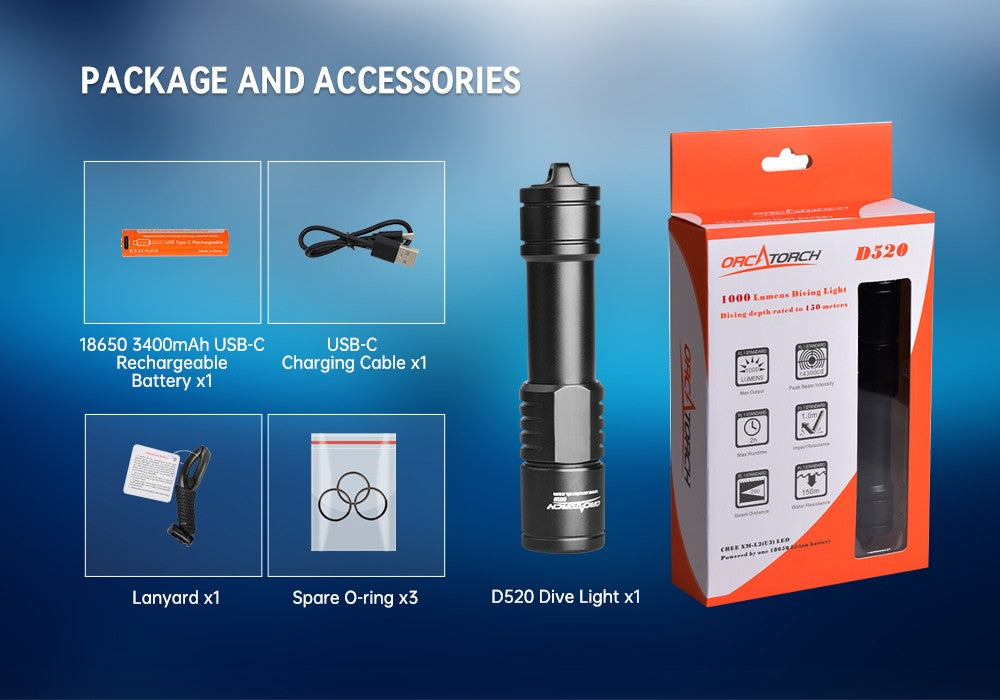 OrcaTorch D520 Dive light USB-C Battery Black 1000L