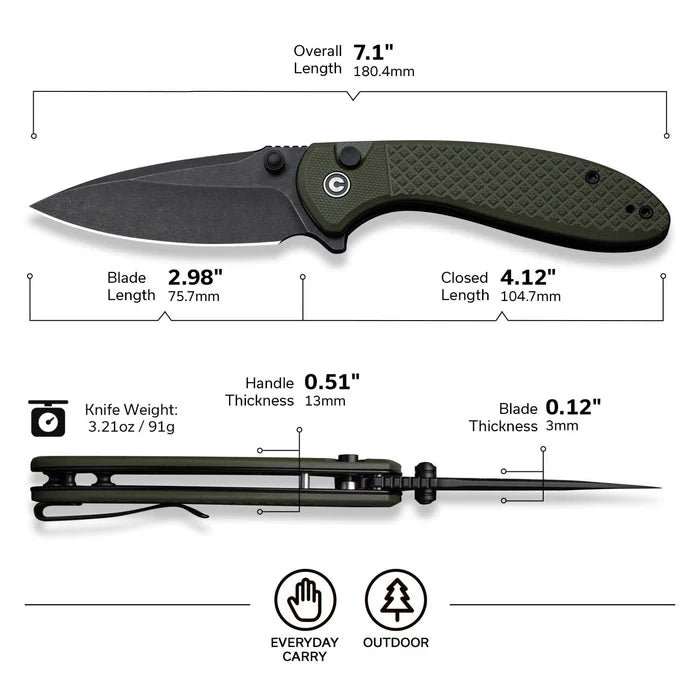 CIVIVI Faeger Milled Green G10 Handle Stonewashed 14C28N Blade 2.98"