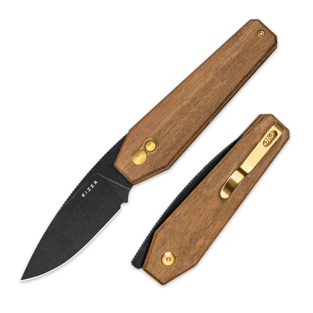 KIZER Tomb Nitro-V Blade Mkuruti Wood Handle Button Lock 3.21"