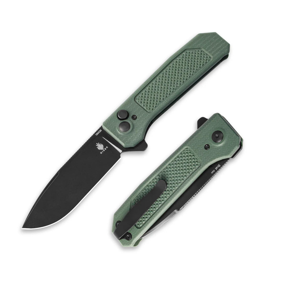 KIZER Drop Bear 154cm Blade Integral G10 Green & Button Lock 3.49"
