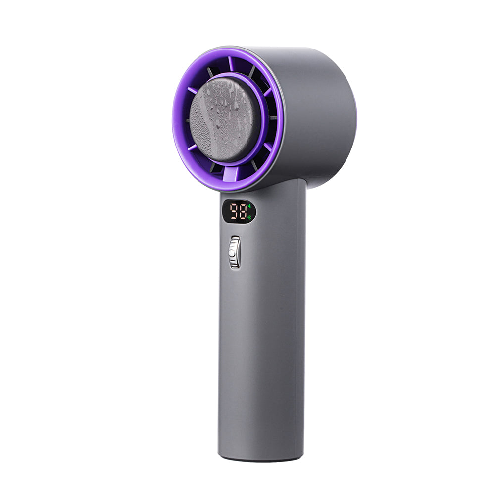 Handheld cold compress fan with a digital display, purple front grille, and a gray body.
