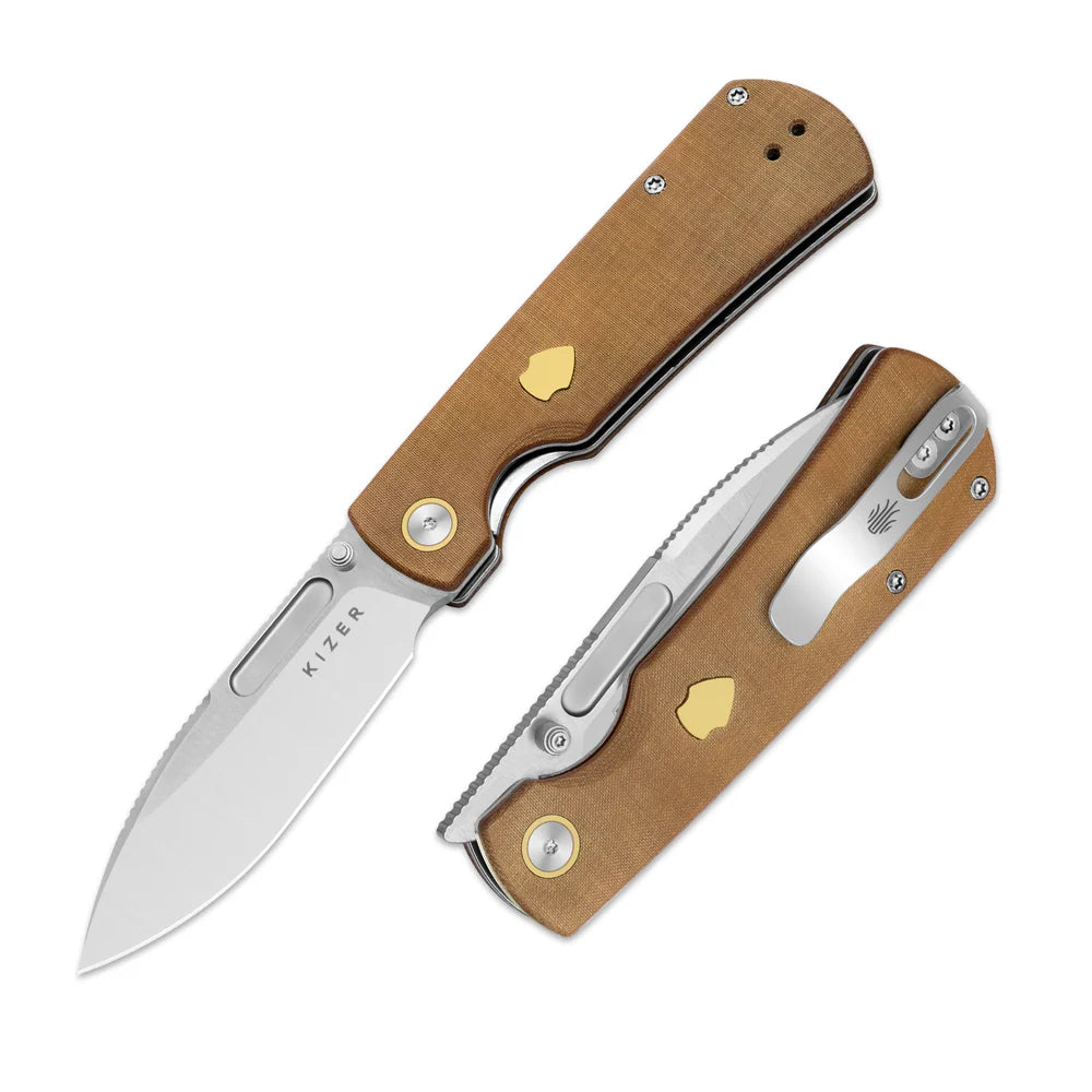 KIZER Retro Nitro-V Blade Micarta & Brass Handle Liner Lock 3.54"