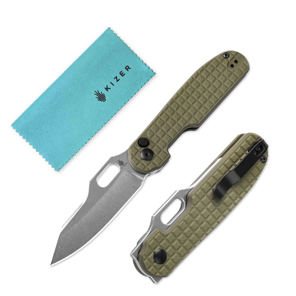 KIZER Cormorant 154cm Blade Green G10 & Button Lock 3.17"