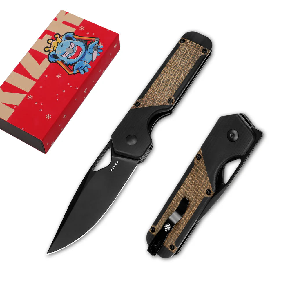 KIZER Militaw Nitro-V Blade Black G10 Macarta/Steel Liner 3.36"