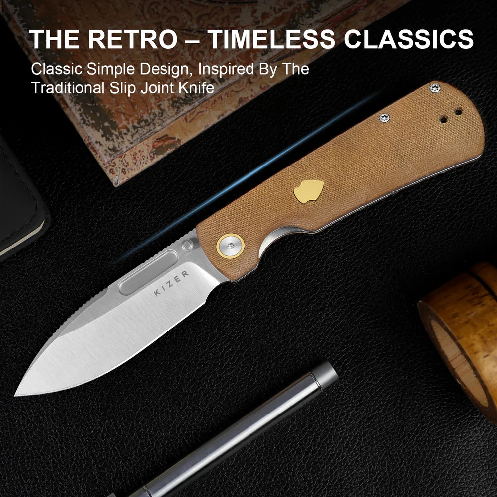KIZER Retro Nitro-V Blade Micarta & Brass Handle Liner Lock 3.54"