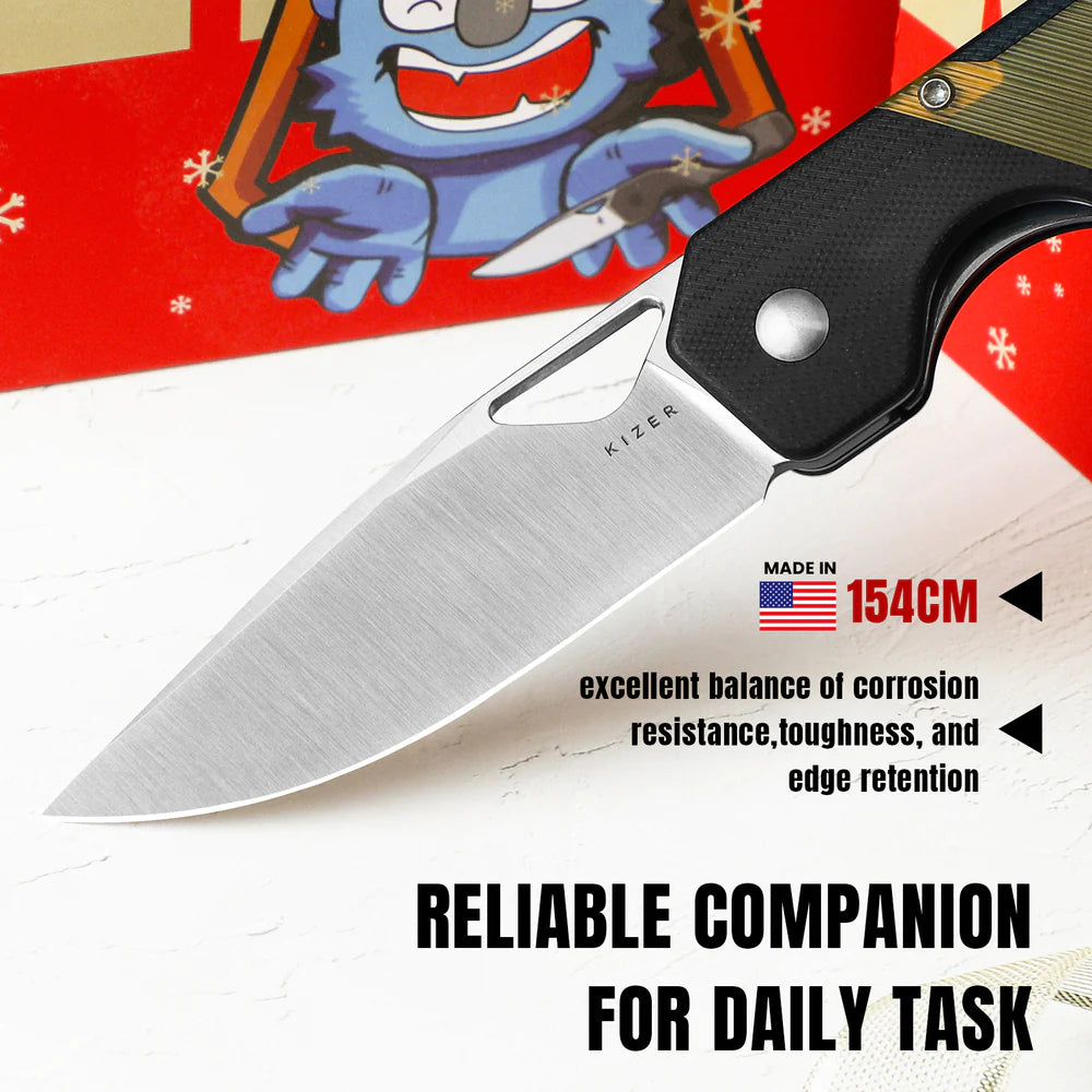 KIZER Militaw 154cm Blade Black G10 Pei/Steel Liner 3.36"