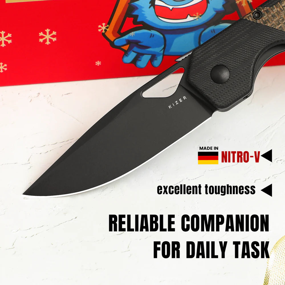 KIZER Militaw Nitro-V Blade Black G10 Macarta/Steel Liner 3.36"