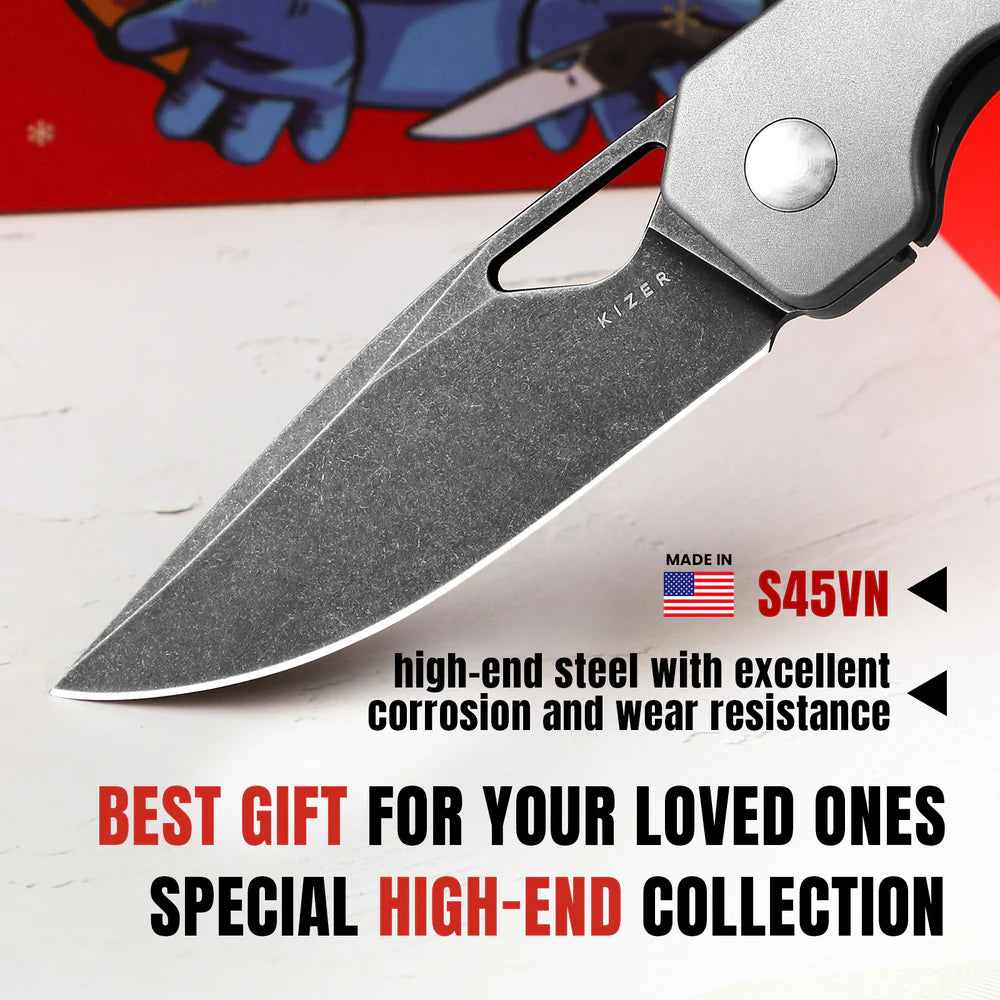 KIZER Mini Militaw S45VN Blade Titanium/Jungle Wear Handle 2.81"