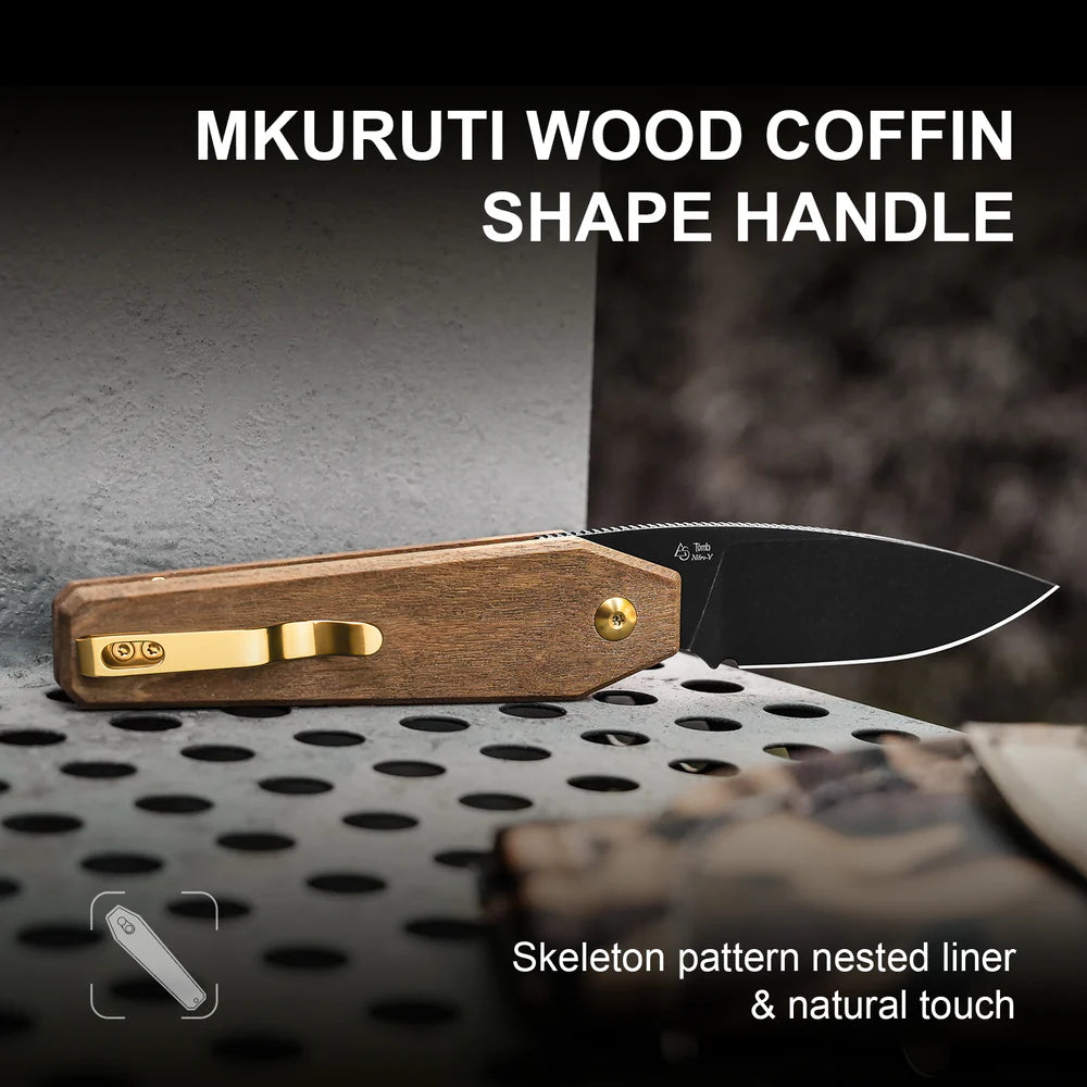 KIZER Tomb Nitro-V Blade Mkuruti Wood Handle Button Lock 3.21"