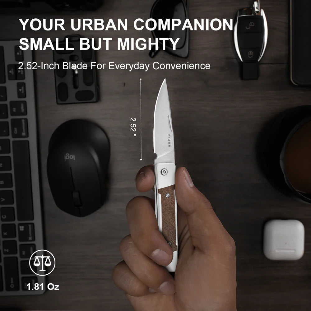 KIZER Little Grand Nitro-V Blade Aluminum Mkuruti Wood Handle 2.52"