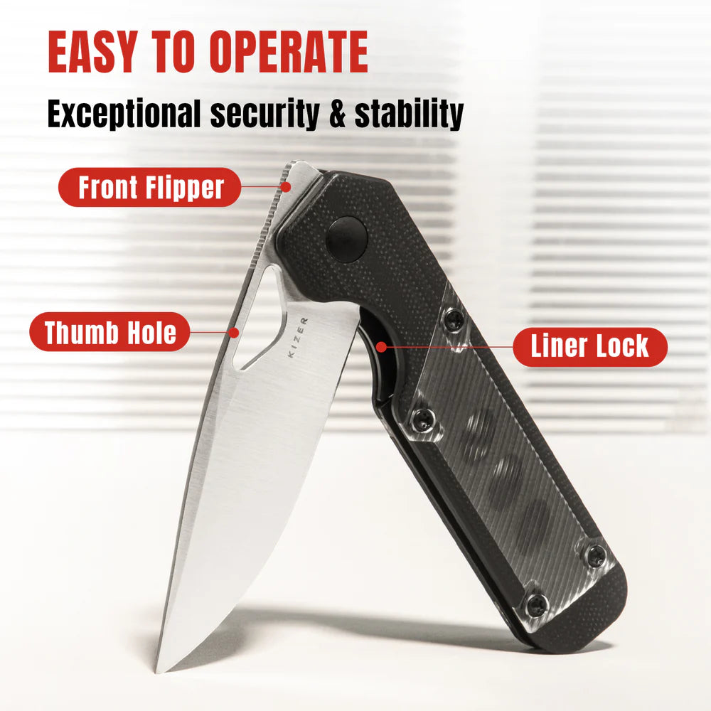 KIZER Militaw Nitro-V Blade Black G10 Acrylic/Steel Liner 2.81"