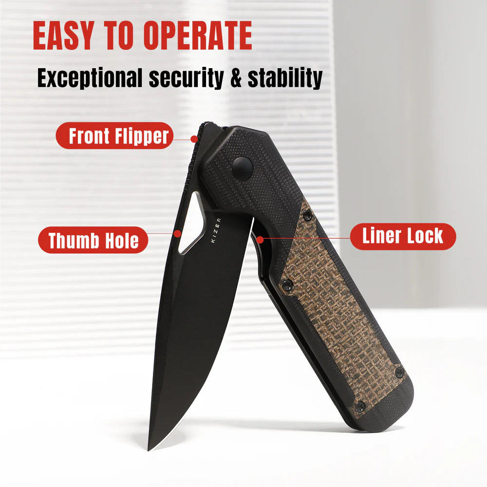 KIZER Militaw Nitro-V Blade Black G10 Macarta/Steel Liner 3.36"