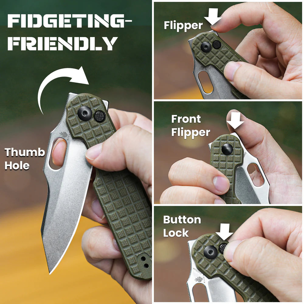 KIZER Cormorant 154cm Blade Green G10 & Button Lock 3.17"