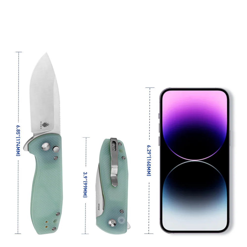 KIZER Amicus 9CR18MOV Blade G10 & Button Lock 2.9"