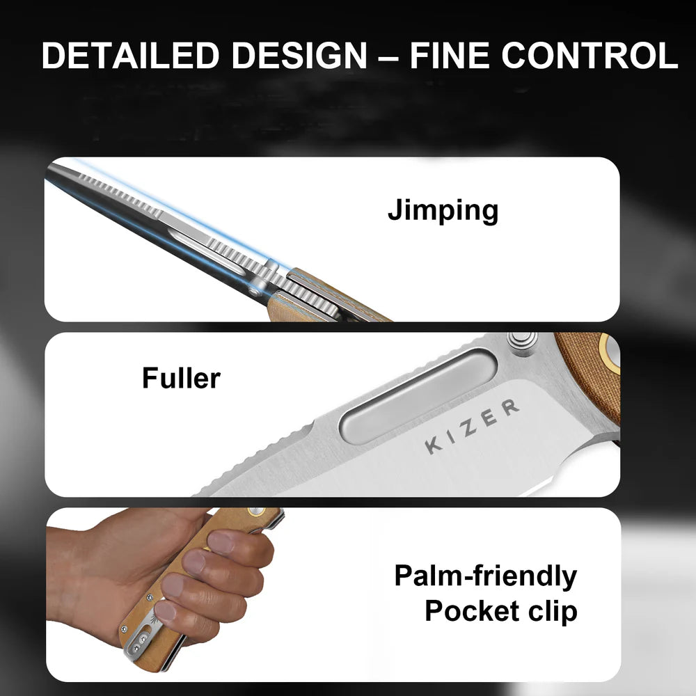 KIZER Retro Nitro-V Blade Micarta & Brass Handle Liner Lock 3.54"