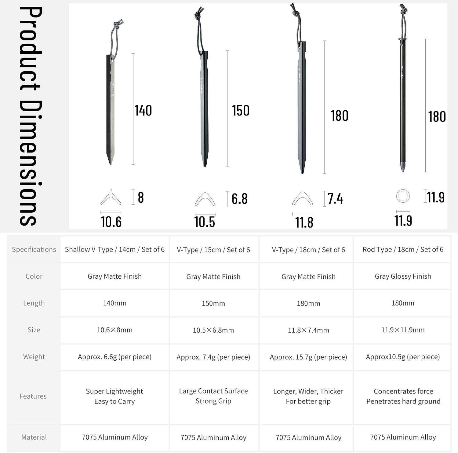 Naturehike Lightweight Aluminium Tent Pegs – 6 Pack