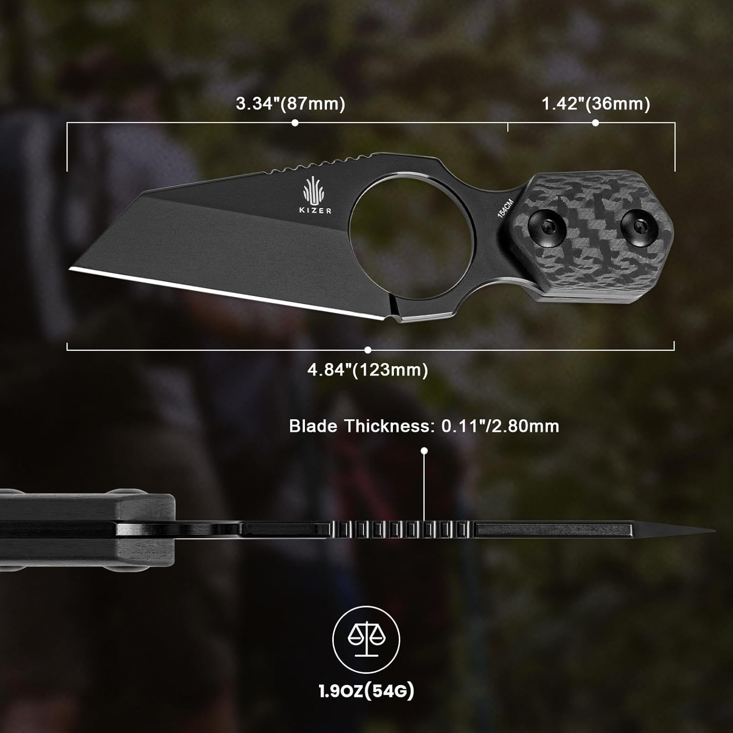 KIZER Variable Wharncliffe 154cm Blade Carbon Fiber Handle 4.79"