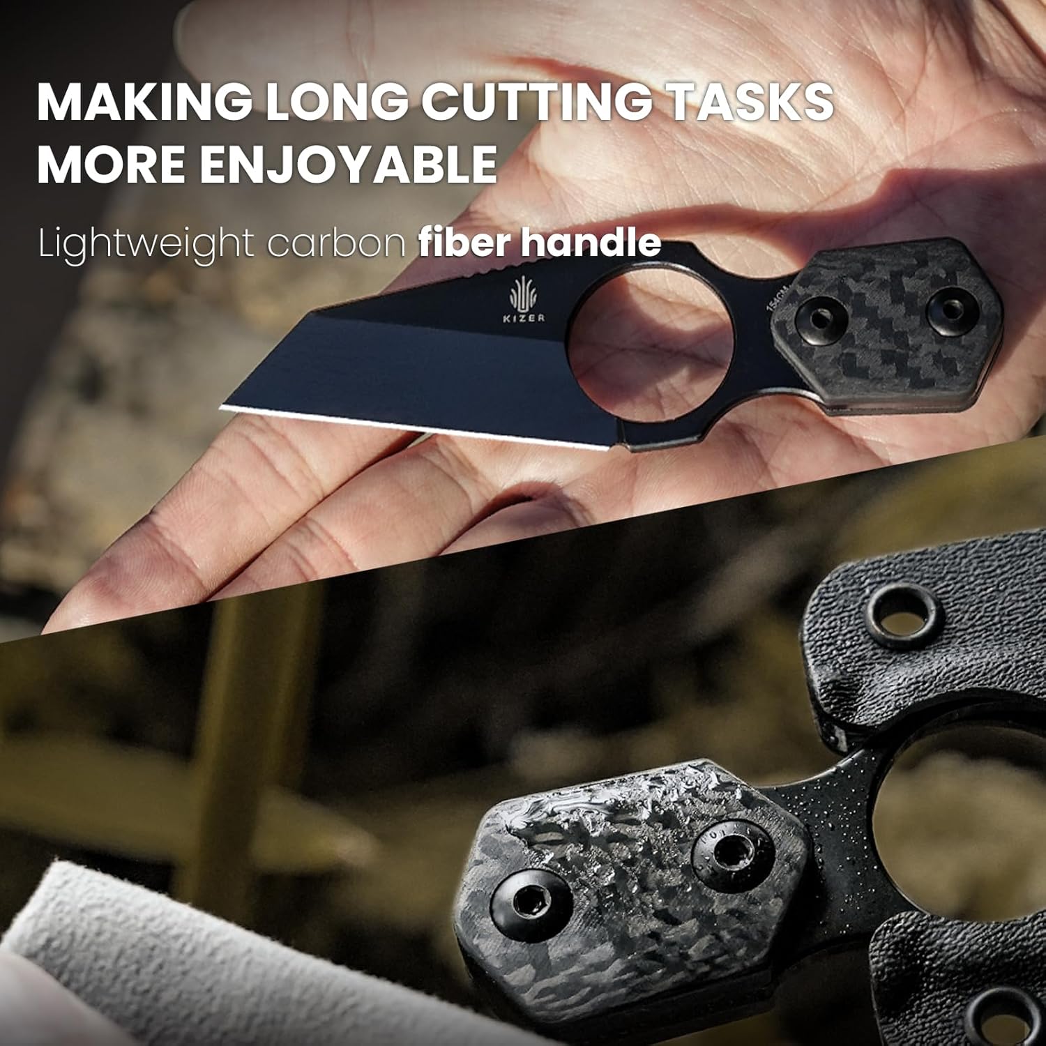 KIZER Variable Wharncliffe 154cm Blade Carbon Fiber Handle 4.79"