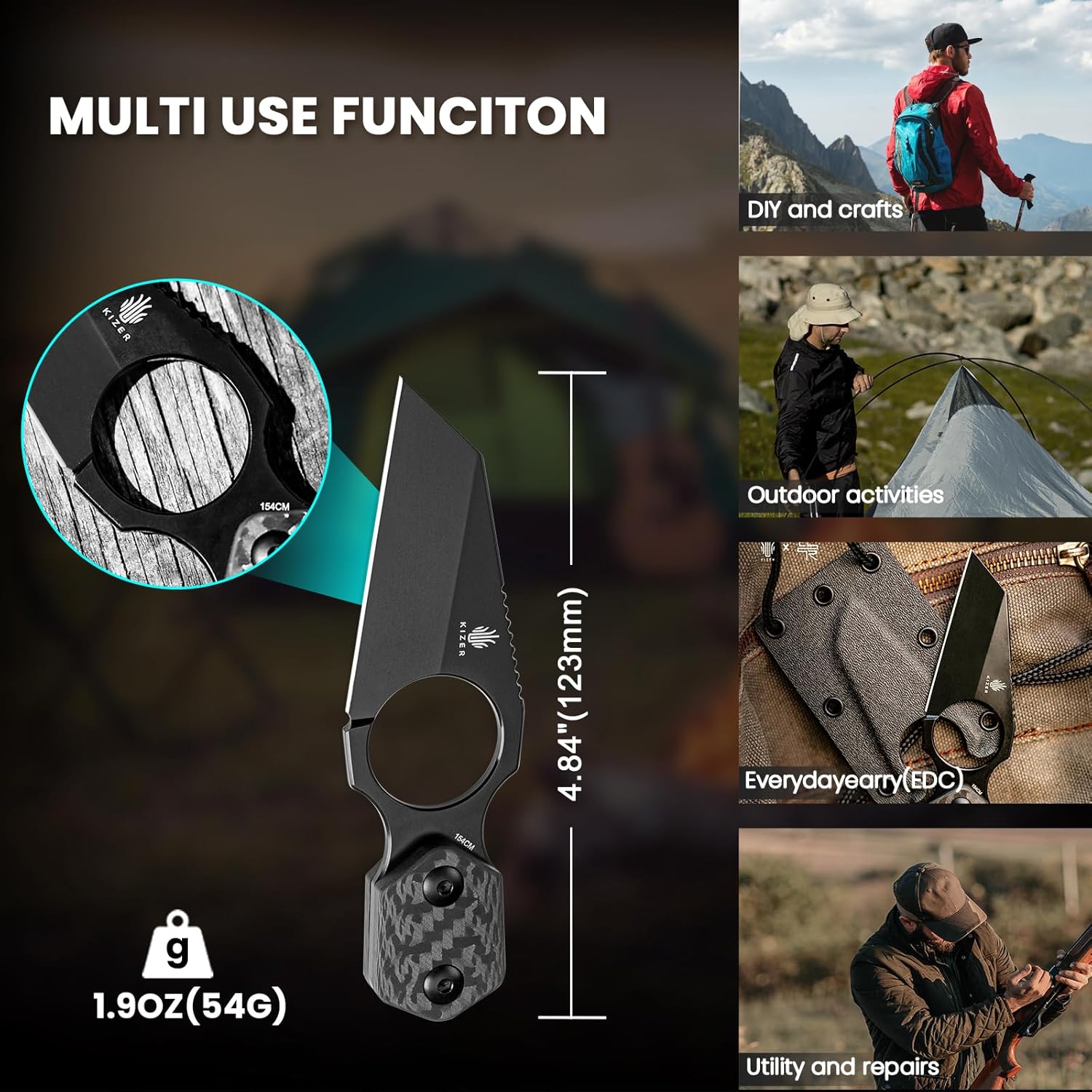 KIZER Variable Wharncliffe 154cm Blade Carbon Fiber Handle 4.79"