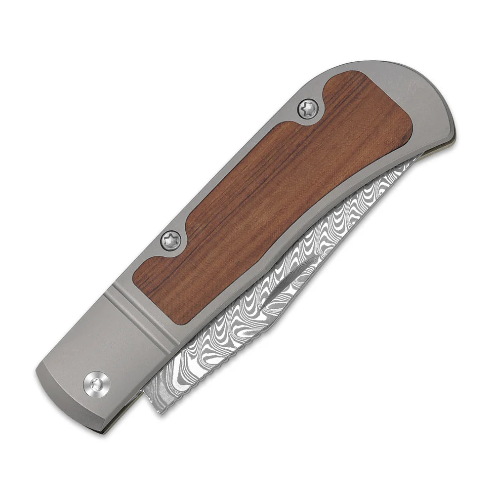 KIZER Trestle Damascus Bkade Mkuruti Wood Handle Slip Joint 2.89"