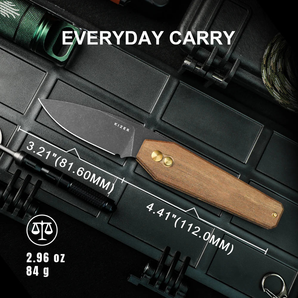 KIZER Tomb Nitro-V Blade Mkuruti Wood Handle Button Lock 3.21"