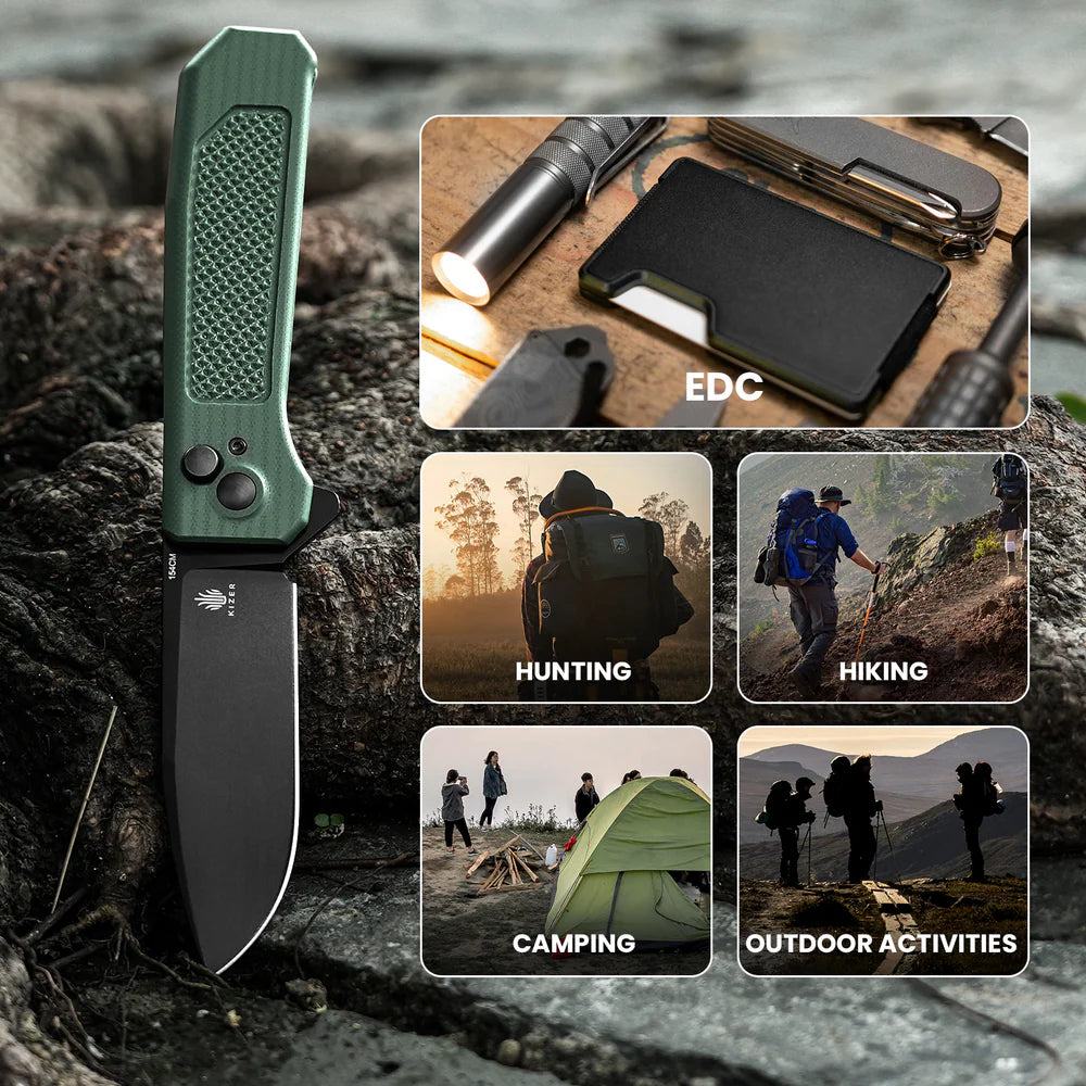 KIZER Drop Bear 154cm Blade Integral G10 Green & Button Lock 3.49"