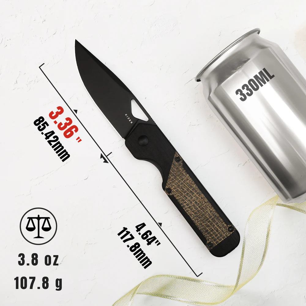 KIZER Militaw Nitro-V Blade Black G10 Macarta/Steel Liner 3.36"