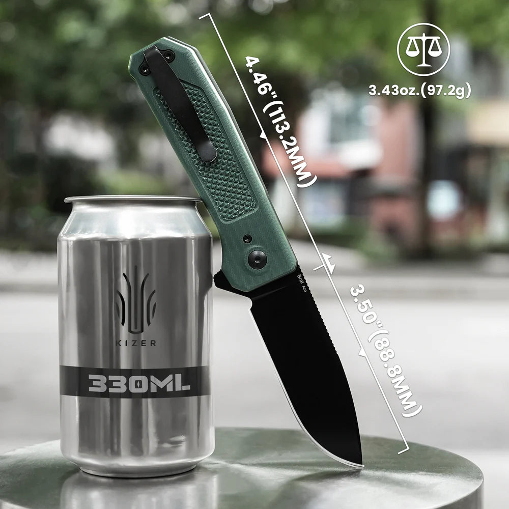 KIZER Drop Bear 154cm Blade Integral G10 Green & Button Lock 3.49"