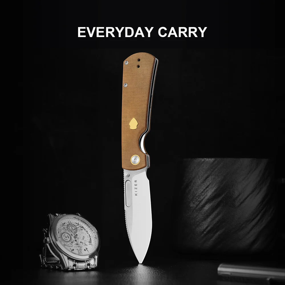 KIZER Retro Nitro-V Blade Micarta & Brass Handle Liner Lock 3.54"