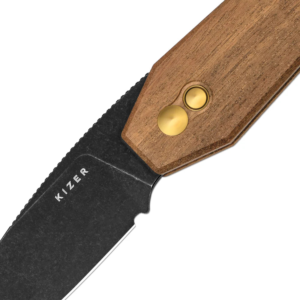 KIZER Tomb Nitro-V Blade Mkuruti Wood Handle Button Lock 3.21"