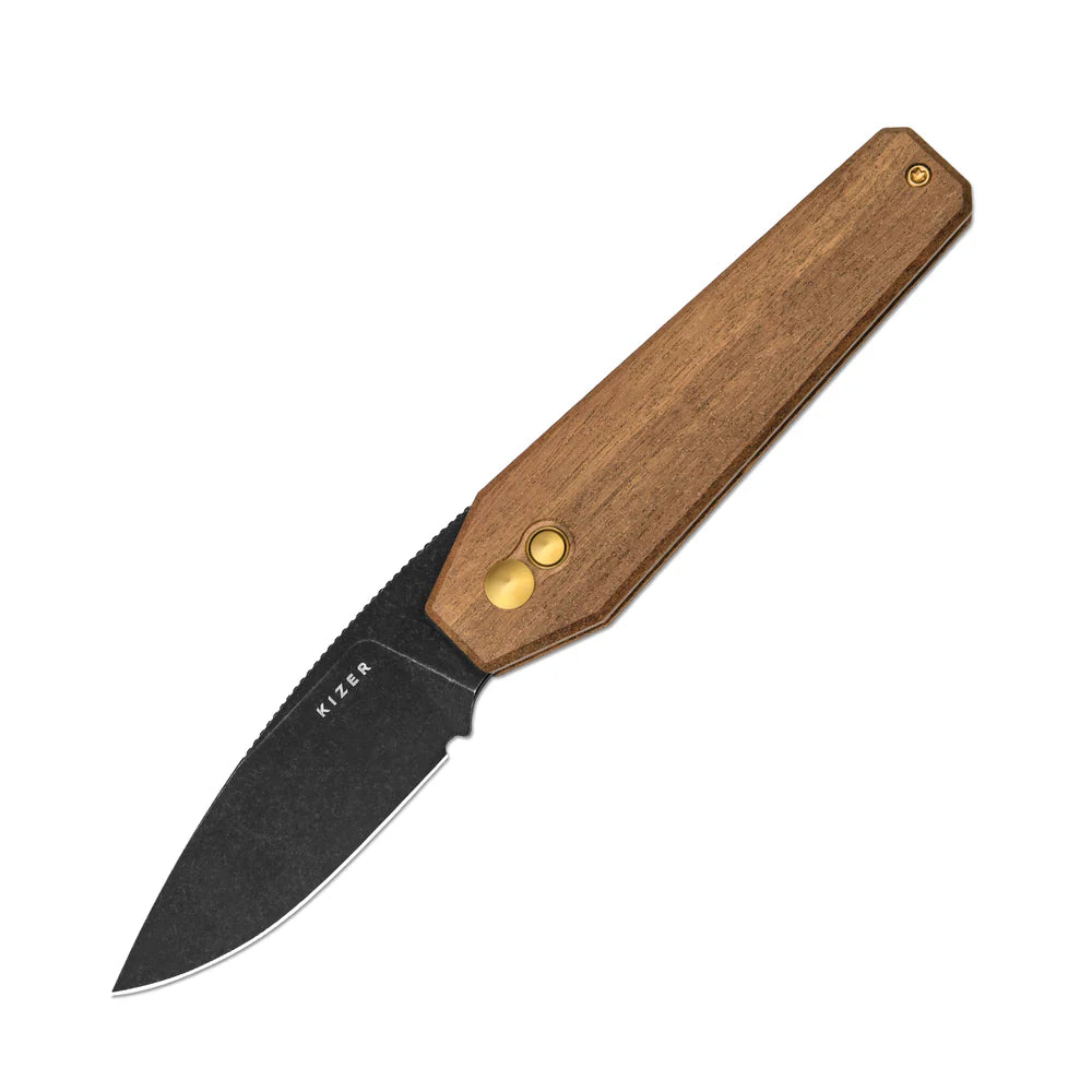 KIZER Tomb Nitro-V Blade Mkuruti Wood Handle Button Lock 3.21"