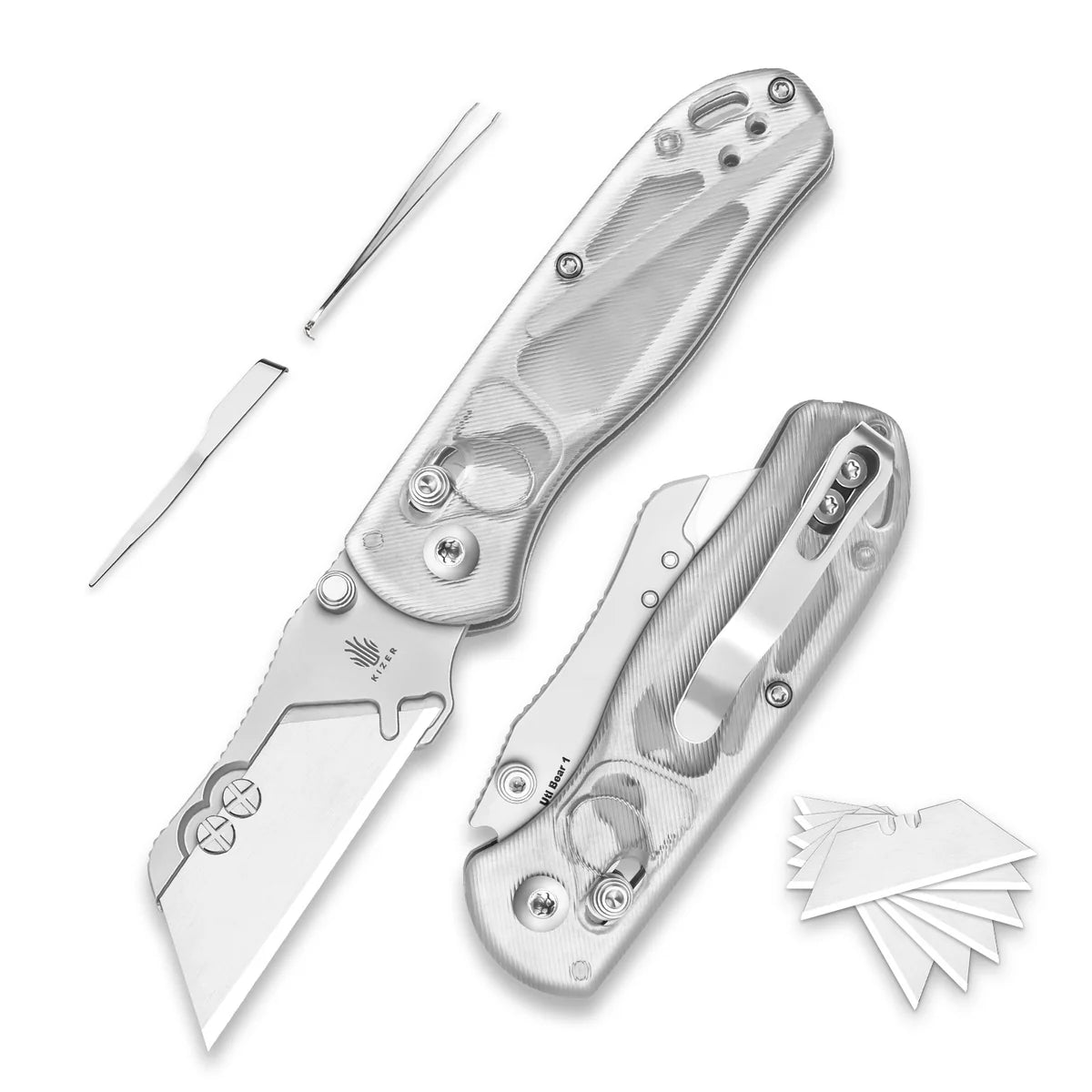 KIZER Drop Bear SS Blade Clear Acrylic Utility Clutch Lock 2.70"