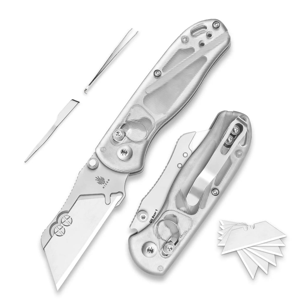 KIZER Drop Bear SS Blade Clear Acrylic Utility Clutch Lock 2.70