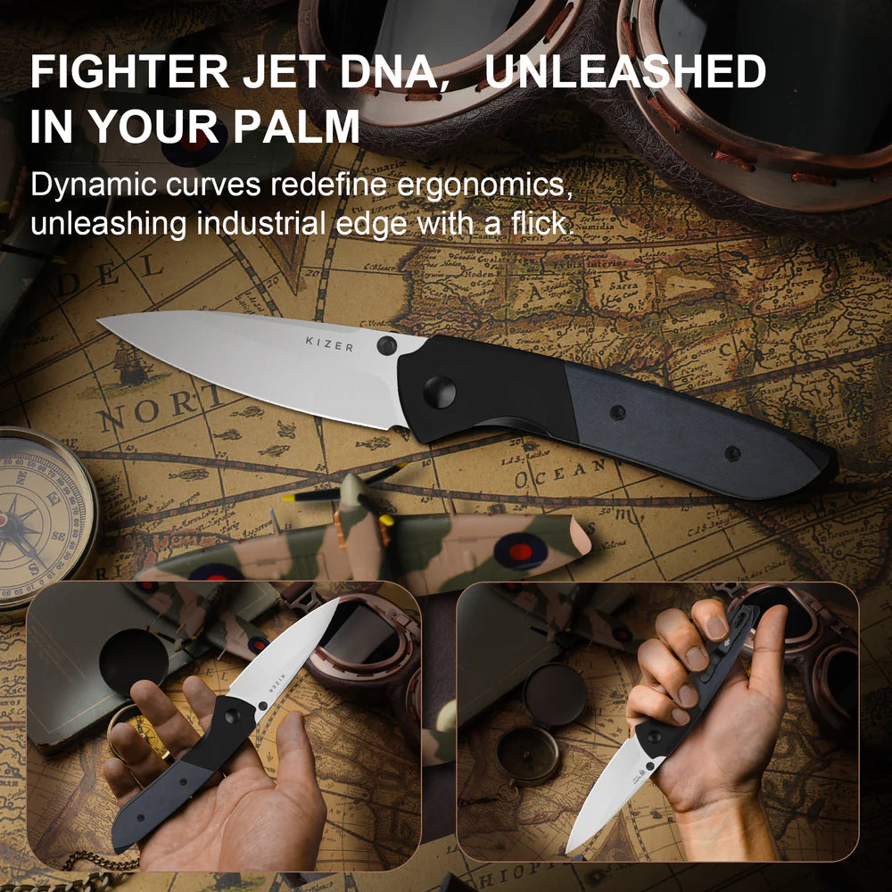 KIZER Spitfire Damascus Blade Wood Handle Liner Lock 3.13"