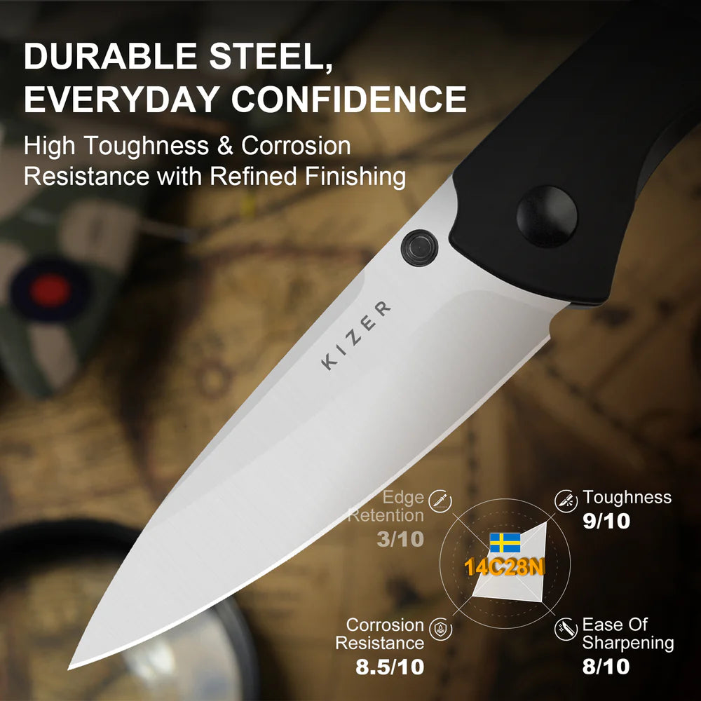 KIZER Spitfire Damascus Blade Wood Handle Liner Lock 3.13"