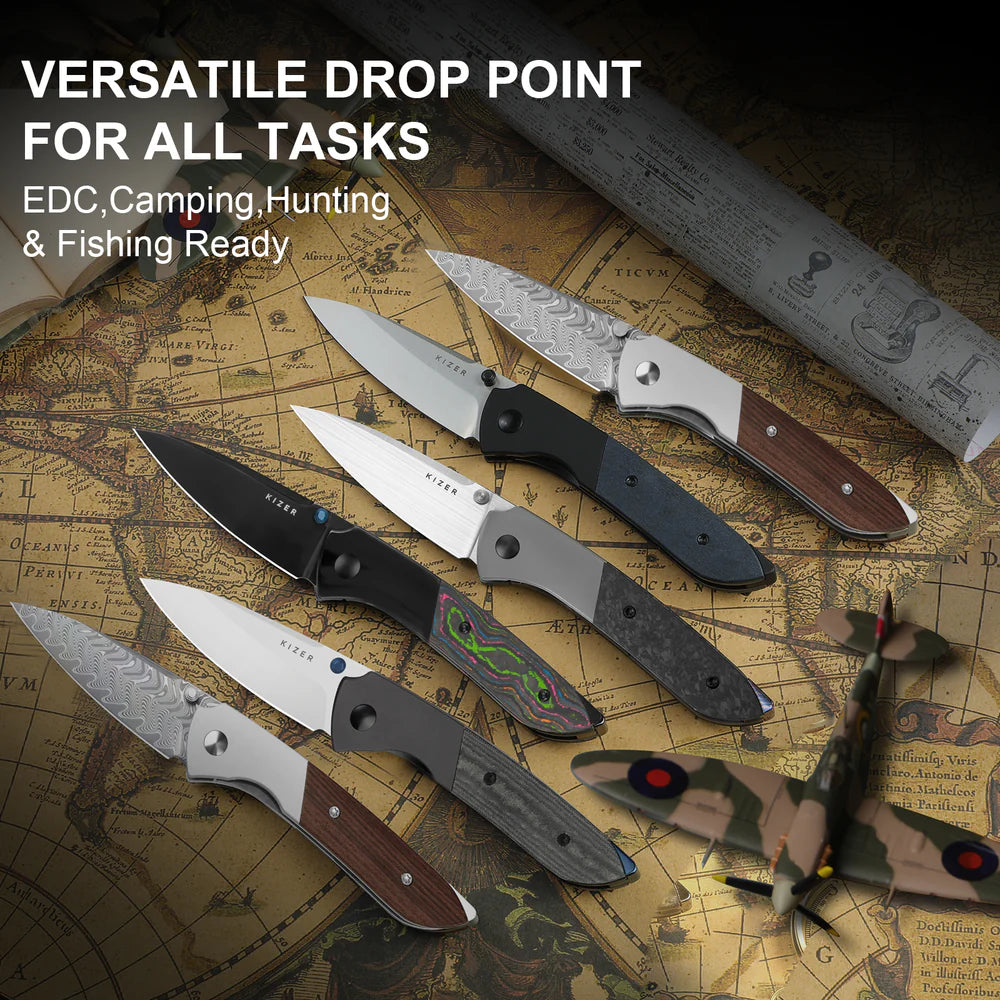 KIZER Spitfire Damascus Blade Wood Handle Liner Lock 3.13"