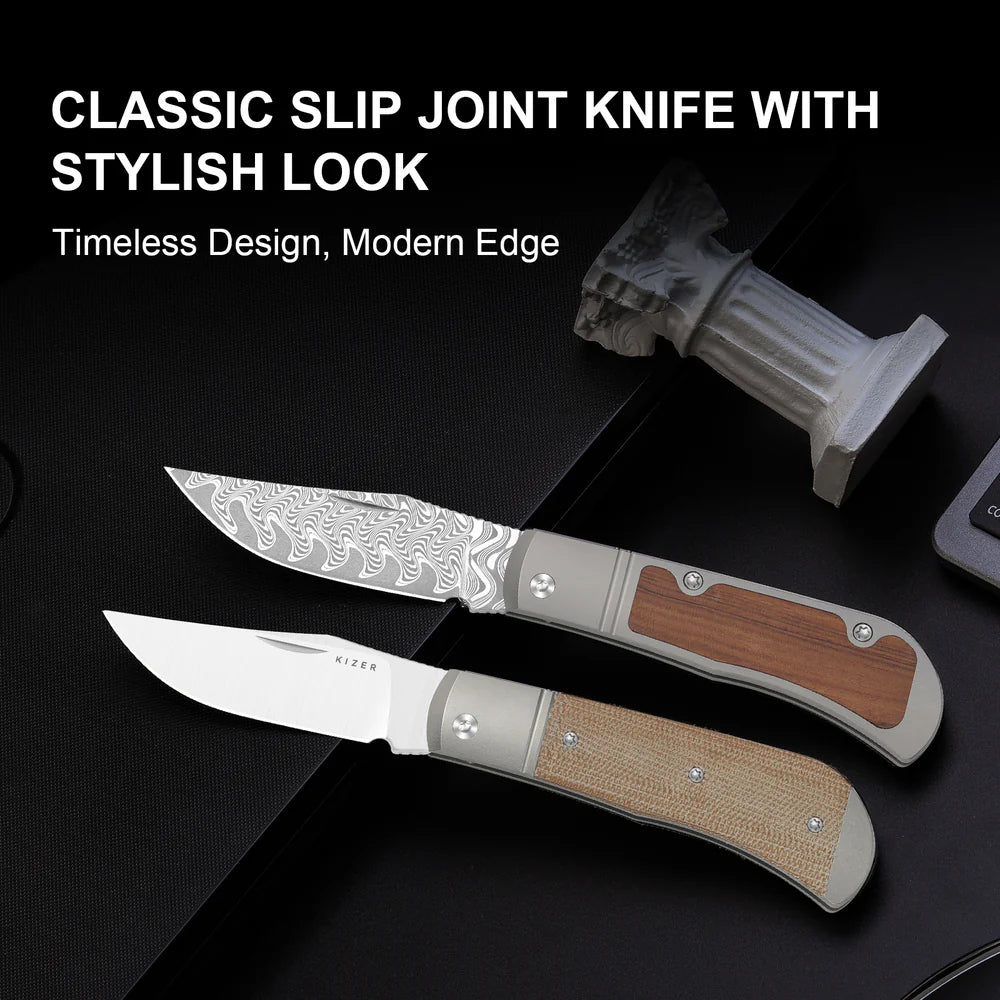 KIZER Trestle Damascus Bkade Mkuruti Wood Handle Slip Joint 2.89"