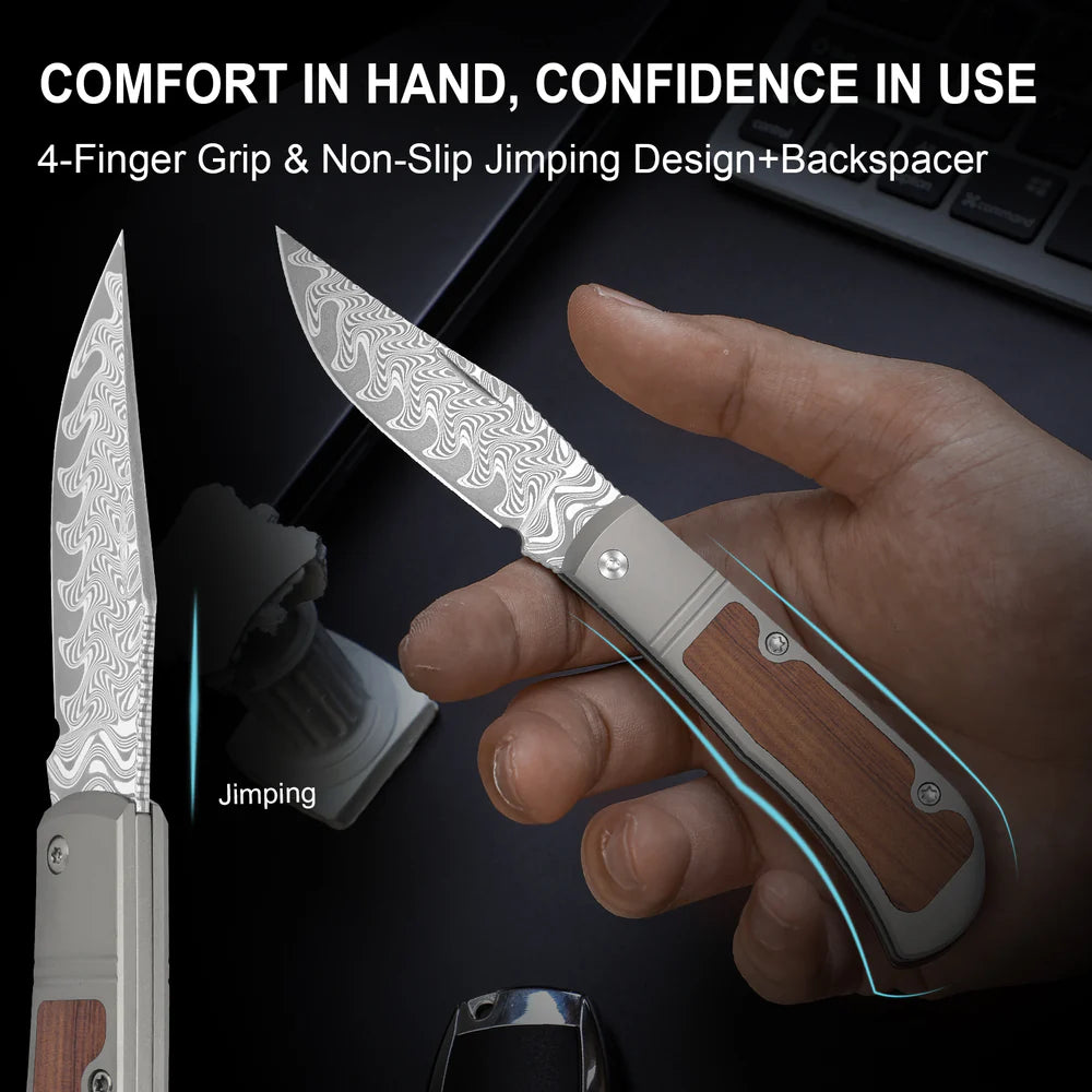 KIZER Trestle Damascus Bkade Mkuruti Wood Handle Slip Joint 2.89"