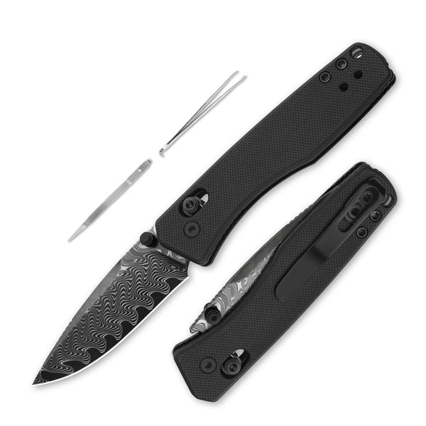 KIZER Aegis Damascus Blade Black G-10 Clutch Lock 2.80