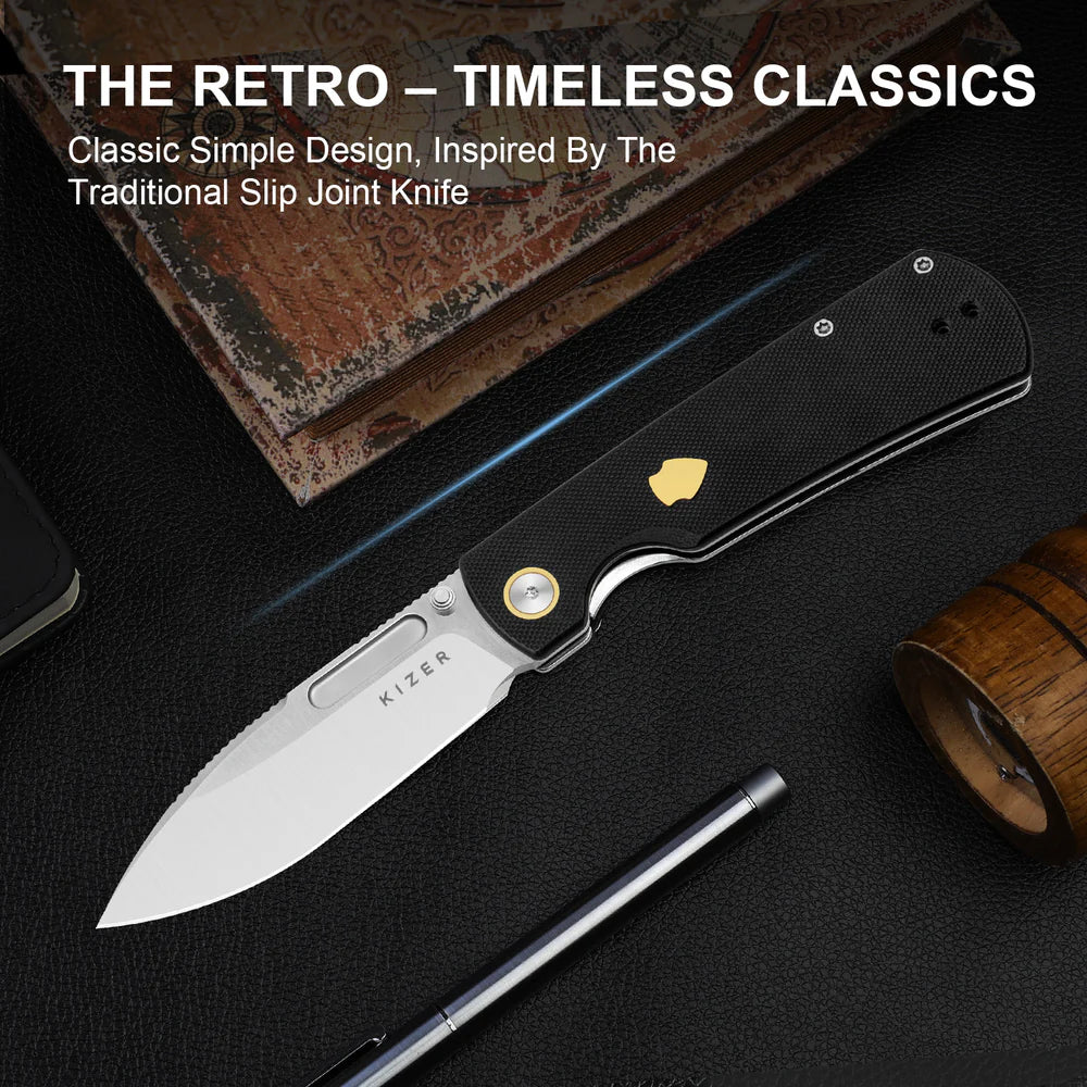 KIZER Retro Nitro-V Blade G10 & Brass Handle Liner Lock 3.54"
