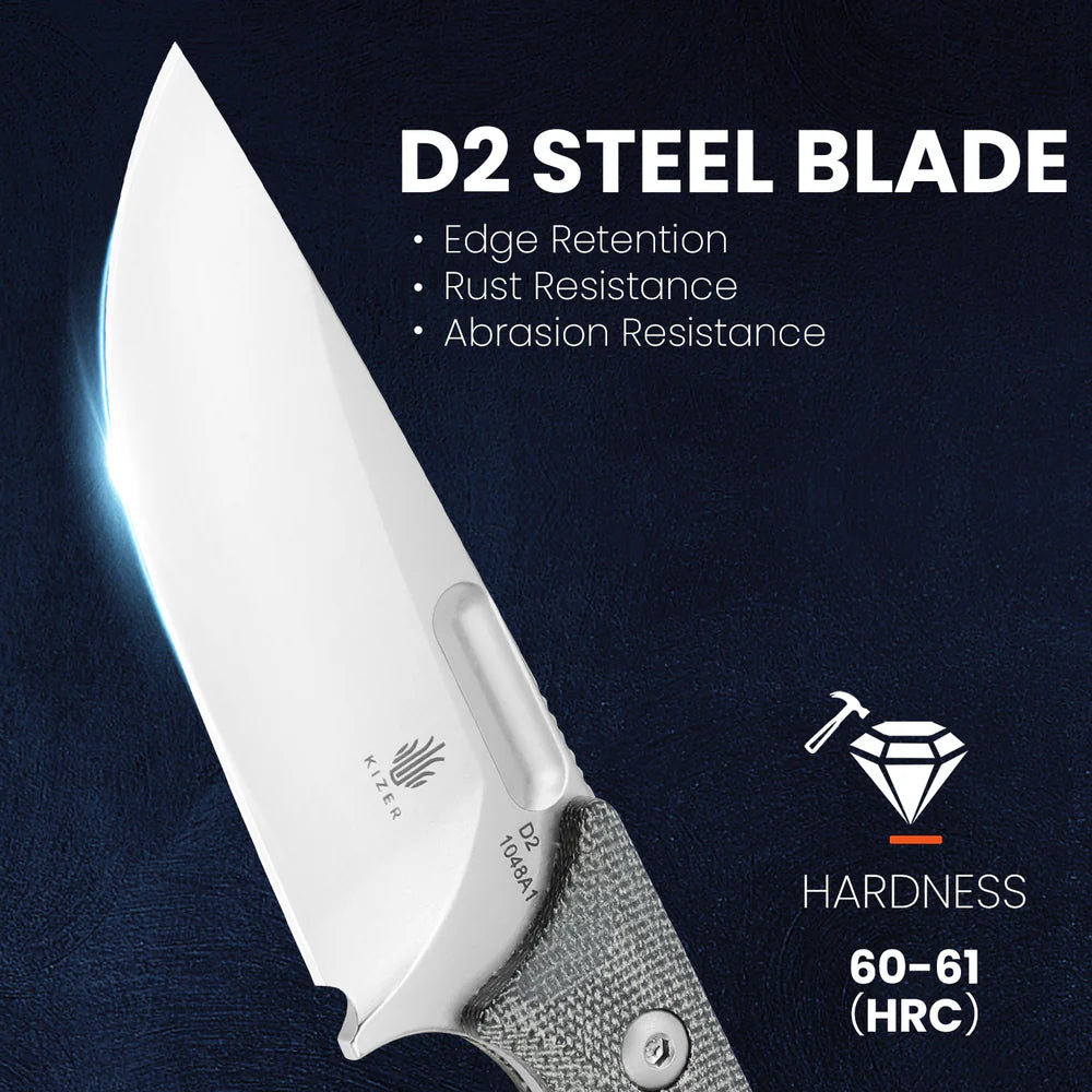 KIZER Cabox D2 Blade Stone Wash Micarta Black Handle 8.12"