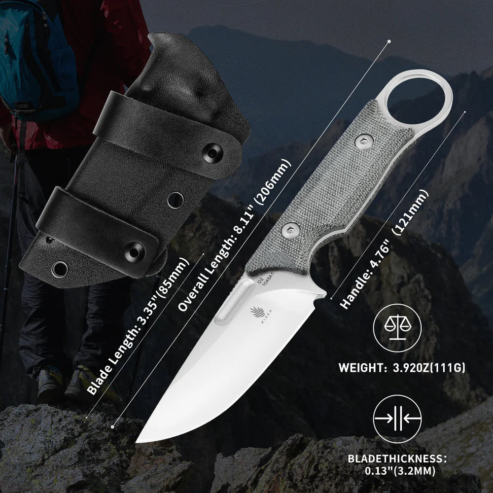 KIZER Cabox D2 Blade Stone Wash Micarta Black Handle 8.12"