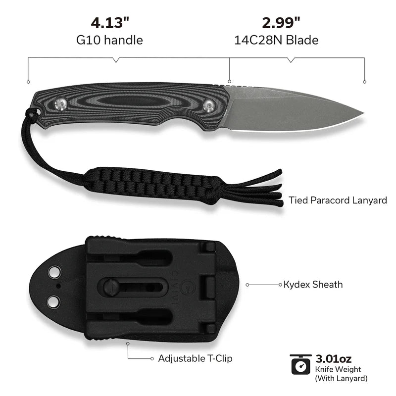 CIVIVI Altus Fixed Blade Knife Gray Black G10 Handle Stonewashed 14C28N Blade 2.99"