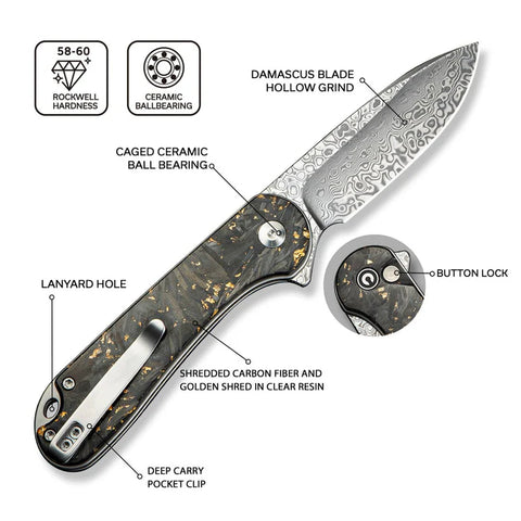 CIVIVI Button Lock Elementum II Flipper Knife Carbon Fiber & Resin Handle