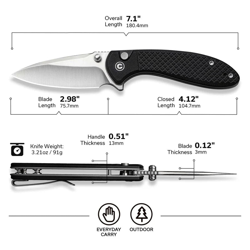 CIVIVI Feager Milled Black G10 Handle Satin Finished 14C28N Blade 2.98"