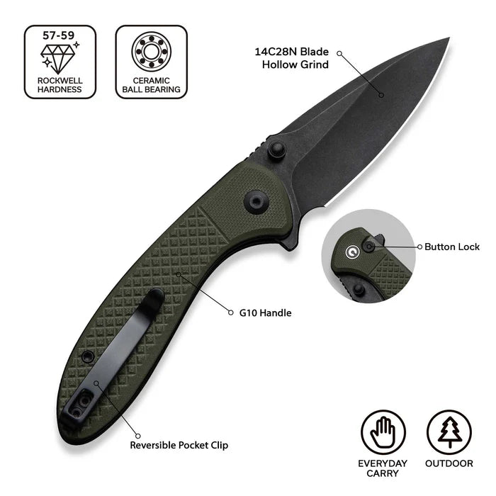 CIVIVI Faeger Milled Green G10 Handle Stonewashed 14C28N Blade 2.98"