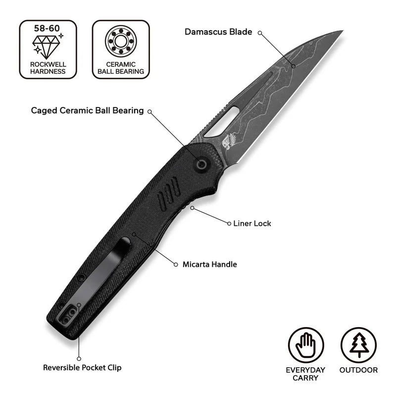 CIVIVI Guile Black Canvas Micarta Handle Damascus Blade 3.25"