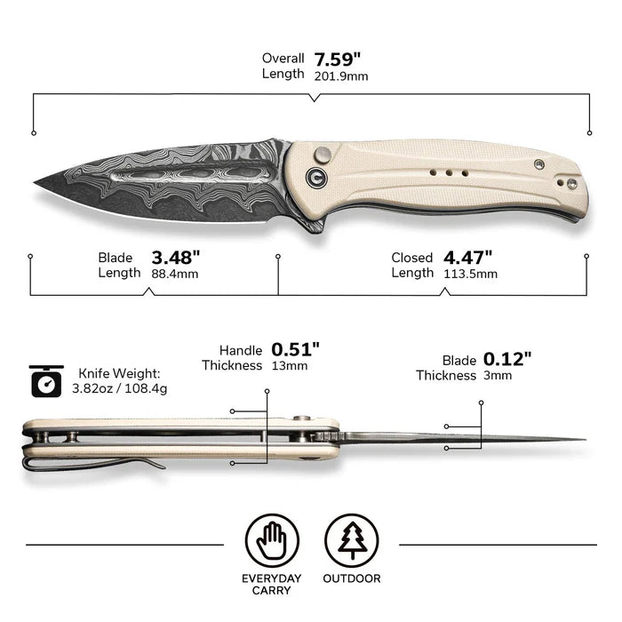 CIVIVI Incindie Flipper & Button Lock Knife Damascus Blade